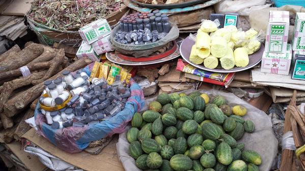 Ethiopia Addis Merkato Foods and Spices. The small bottles contain plant colorings used for mascara