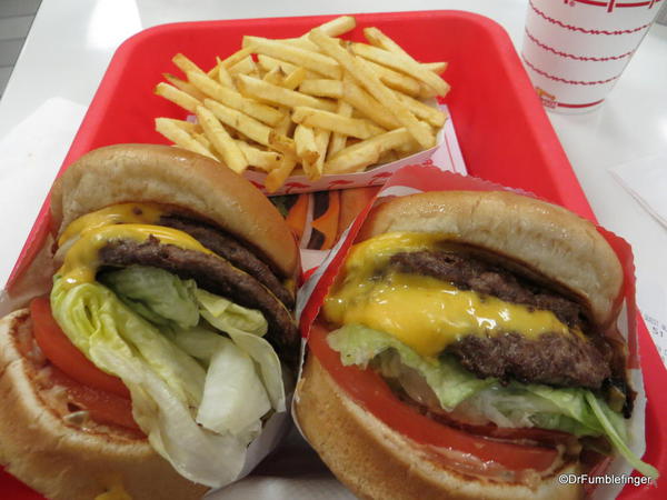 Delicious double cheeseburger and french fries, In 