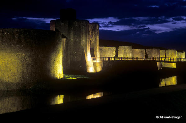 Caerphilly Castle, Wales. Lite up at night