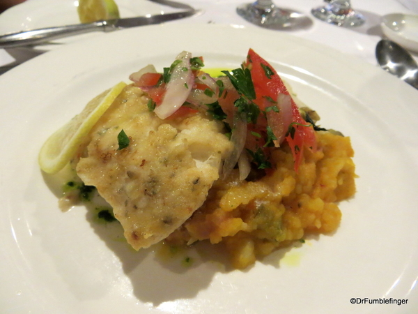 12 Grilled conger with tomatoes capers, olive oil, mashed potatoes and oriental style vegeatables