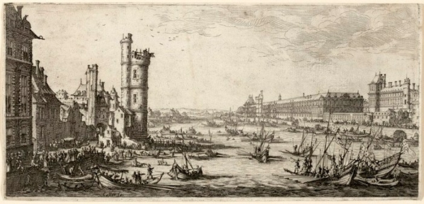 Engravings-of-annual-jousting-contest-on-river-Seine-in-Paris-by-Jacques-Callot-in-1630.-On-the-left-the-Nesles-tower.-On-the-right-the-Louvre-and-the-tour-du-Bois