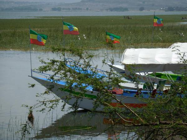 Lakes of the Rift Valley. Boats with Ethiopian Flag