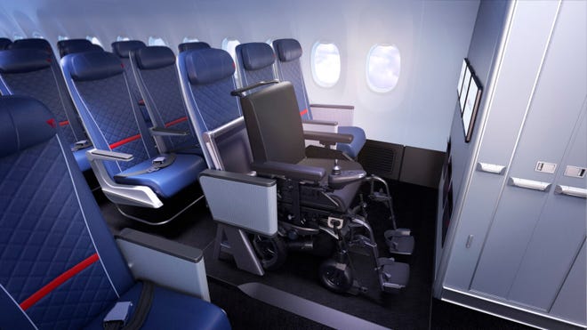 Rendering of Delta Air Lines' seat concept that will allow wheelchair users to fly in their own equipment.