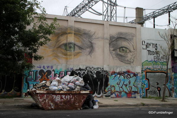 Street art, in charcoal, on the walls of a power plant in the Colegiales barrio.