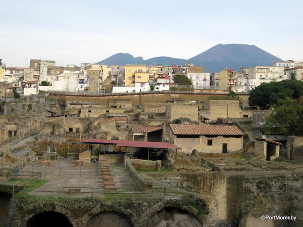 Herculaneum, old & new with Vesuvius.