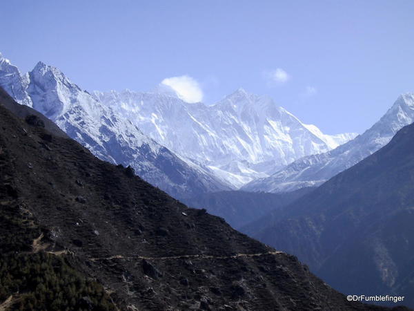 View of Mount Everest, Lhotse and Nuptse, from ridge above Namche Bazaar