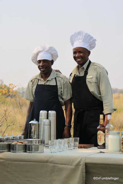 Breakfast on the Okavango Delta. Our guide and driver are our chefs!