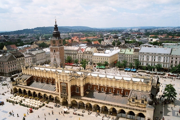 Kraków, Poland, Market square seen from tower of St. Mary church. Cloth Hall and Town Hall tower. Courtesy Wikimedia