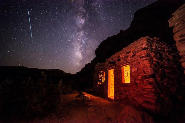 Night shot of the Cabins with meteor. Courtesy J.T. Dudrow