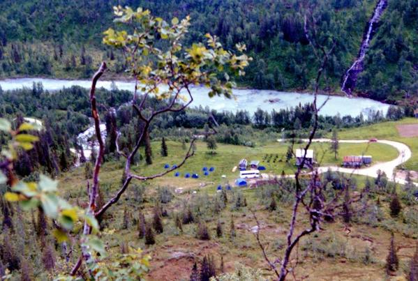 Svartisen campsite seen from 600 ft up the safe ridge descent